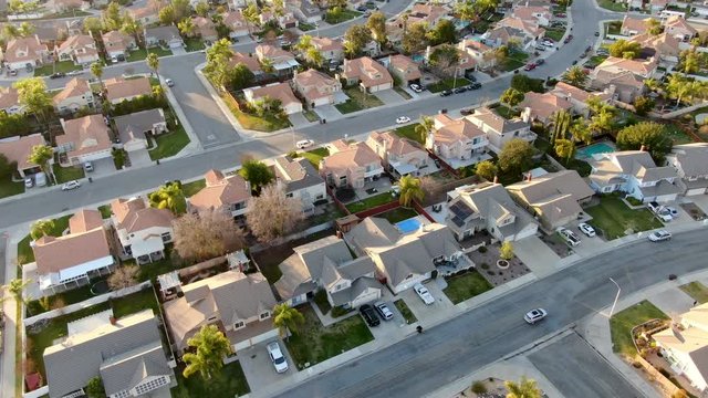 Aerial view of Menifee neighborhood, residential subdivision villa during sunset. Riverside County, California, United States