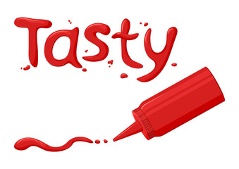Tasty. Ketchup font with drops. Letters of tomato sauce. Hot spice sauce packed in plastic bottle. Red inscription for menu, cafe. Vector illustration