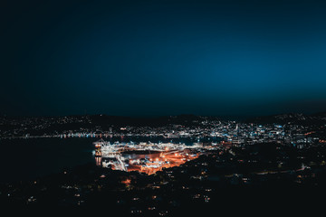 Wellington harbor cityscape at night after sunset