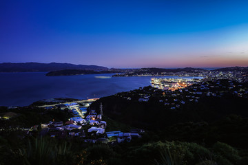 Wellington harbor cityscape at night after sunset