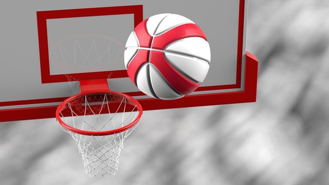 Red-White Basketball with dark brown toned foggy smoke background. 3D sketch design and illustration. 3D high quality rendering.