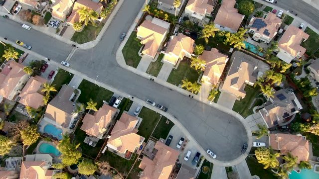 Aerial view of Menifee neighborhood, residential subdivision villa during sunset. Riverside County, California, United States