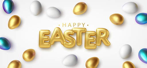 Modern trendy Golden metallic shiny typography Happy Easter on a background of easter eggs. 3D realistic lettering for the design of flyers, leaflets, posters and cards. Vector illustration