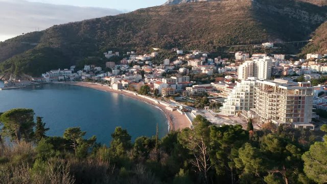 Petrovac Montenegro - little town and seaside resort on the coast of the Adriatic sea. Off season, in winter. Aerial footage.