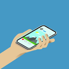 Hand with white smartphone with image in application. Profile, heart and envelope icon on the screen. Isometric illustration. Realistic smartphone