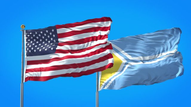 Tuva and United States flag waving in deep blue sky together. High Definition 3D Render.