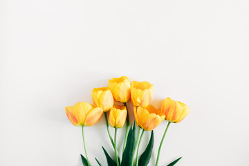 Beautiful composition of tulip, spring flowers. Yellow tulips flowers on white background. Valentine's Day, Easter, 8th march, Happy Women's Day, Mother's Day. Flat lay, top view, copy space
