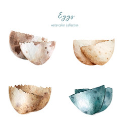 Cracked eggshell. Watercolor hand drawn set egg shell halves over white isolated background. Easter collection