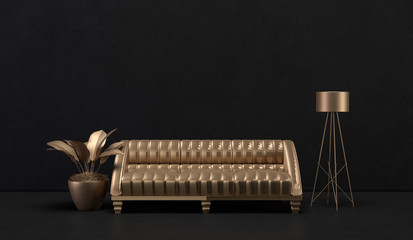 The interior of the room in golden metalic style furnitures and room accessories. Dark background with copy space. 3D rendering