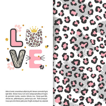 Love card with cute leopard cat for kids. Animal print.