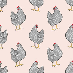 Seamless speckled hens pattern. Chicken bird farm background.