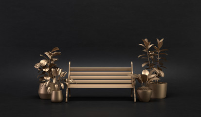 A golden metalic style scene with a park bench and plantes around. Dark background with copy space. 3D rendering