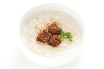 Chinese food, spicy beef jerky on rice porridge with copy space