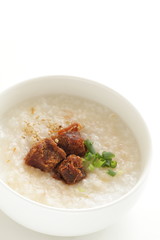 Chinese food, spicy beef jerky on rice porridge with copy space