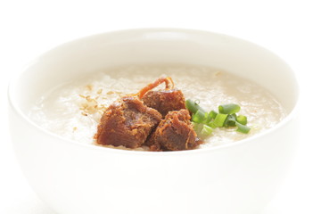 Chinese food, spicy beef jerky on rice porridge with copy space