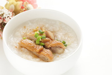 Soy sauce chicken on Chinese congee 