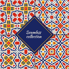 Ethnic seamless pattern collection. Folk, tribal backgrounds set. Oriental mosaic tiles. Eclectic embroidery prints