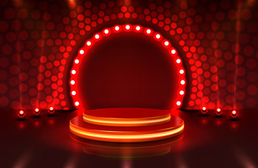 Show light, Stage Podium Scene with for Award Ceremony on red Background. © hobbitfoot
