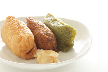 Japanese food, assorted inari-zushi rice and tofu skin on dish,