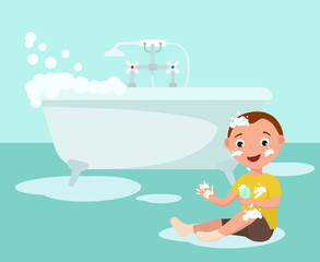 Happy cheerful smiling boy in bathroom vector illustration. Child with bar of soap sitting on floor puddle in bathroom near tub filling with foamy water. Body cleanliness, hygiene and health.