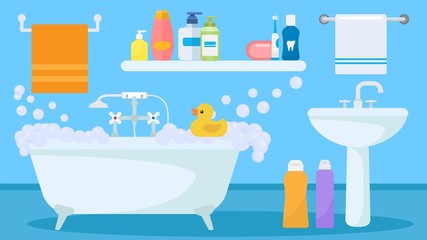 Bathroom interior with soapy foam water filled tub and toy duck for child playing vector illustration. Sink, bath items, accessories towels, shower gel and shampoo bottles, toothbrush.