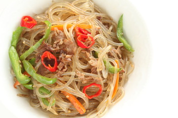 Homemade Korean cuisine, Japchae beef and vegetable stir fried with glass noodles