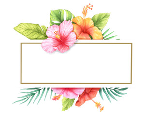 Red, pink, yellow hibiscus and tropical leaves border with square frame isolated on white background. Monstera, palm and Banana leaves, Handpainted watercolor illustration. © Pavika