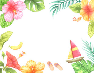 Fototapeta na wymiar summer on the beach theme frame border. Hibiscus, tropical leaves, banana, shoes and sailboat. watercolor illustration. Design for postcards and banner.