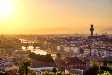 An aerial view of Florence, Italy towards the Ponte Vecchio.