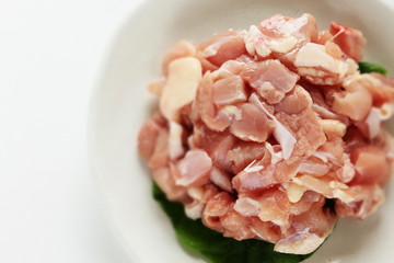 Chopped chicken on dish for prepared ingredient