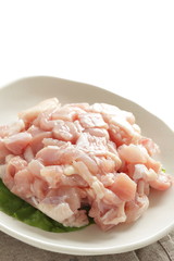 Chopped chicken on dish for prepared ingredient
