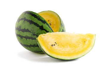 Sliced yellow watermelon isolated on a white background. Saved paths for cutting with and without shadow