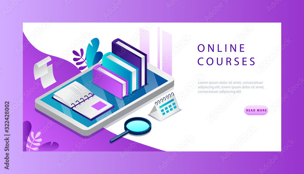 Poster isometric 3d online course concept. website landing page. e learning courses with books, opened copy
