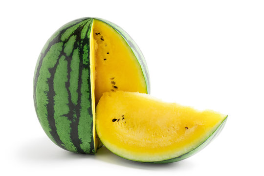 Sliced yellow watermelon isolated on a white background. Saved paths for cutting with and without shadow