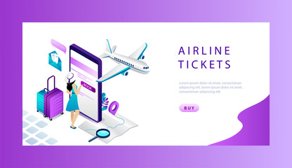 Isometric Reservation And Booking Airplane Ticket Online Concept. Website Landing Page. Woman Is Buying or Booking Online Ticket On the Big Smartphone. Online Ticket Web Page Vector Illustration