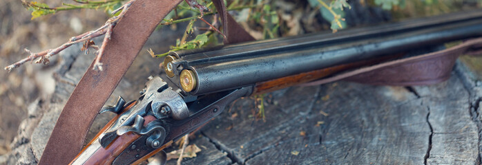 Hunting rifle on grass. The beginning of the hunting season is open. For pheasant and birds.