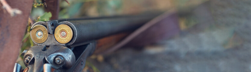 Hunting rifle on grass. The beginning of the hunting season is open. For pheasant and birds.