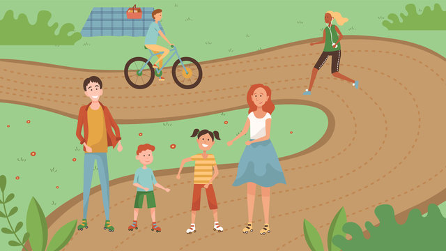 Famity Weekend Time Concept. Family With Kids Are Walking In the Park. Happy Parents With Children Have A good Time Together. Family Spends Time Actively. Cartoon Flat Style. Vector Illustration