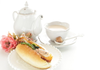 Homemade vegetable and croquette hot dog for breakfast gourmet sandwich