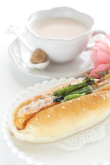 Homemade vegetable and croquette hot dog for breakfast gourmet sandwich