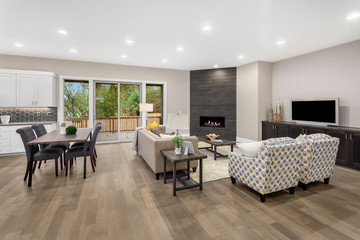 Living room interior in new home with couches, coffee table, beautiful floor to ceiling fireplace with fire, built-in cabinets and window view