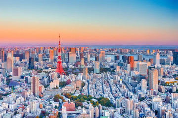 View of Tokyo Skyline at Blue Hour in Japan with a Line of Skyscrapers And Renowned Tokyo Tower At Foreground