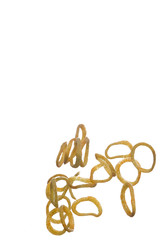 Tiny Thin Flying Dried Onion Rings in Free Falling. isolated Over White Background.