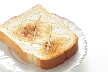 Breakfast, thick, food, toast, toasted, burned, dish,  Homemade, comfort food,  white background, copy space, indoor, nobody, 