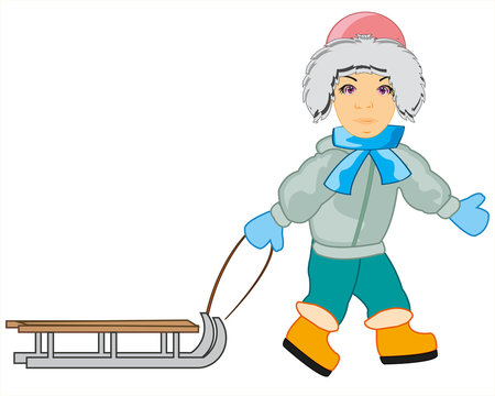 Teenager with sled on white background is insulated