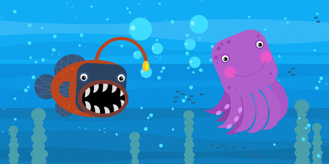 Fototapeta na wymiar Happy cartoon undersea scene with swimming coral reef fishes illustration