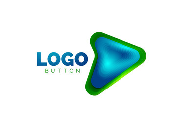 Arrow logo template. Or play or download button logotype template. Minimal geometrical design, 3d geometric bold symbol in relief style with color blend steps effect. Vector Illustration