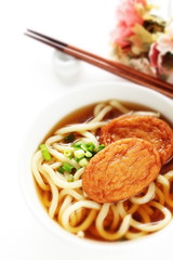 Japanese food, satsuma-age fish cake and Udon noodles with green onion in broth soup