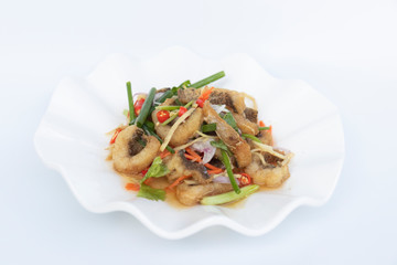 Food in a Thai restaurant Made from meat and vegetables on white background