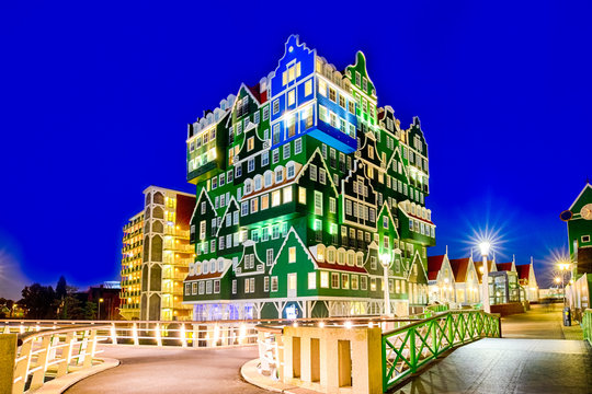 Zaandam, The Netherlands, May 8, 2017: Intell Hotel At Zaandam Station In Accordance with the Characteristic of Zaan Style and Colors in The Netherlands on May 8, 2017
